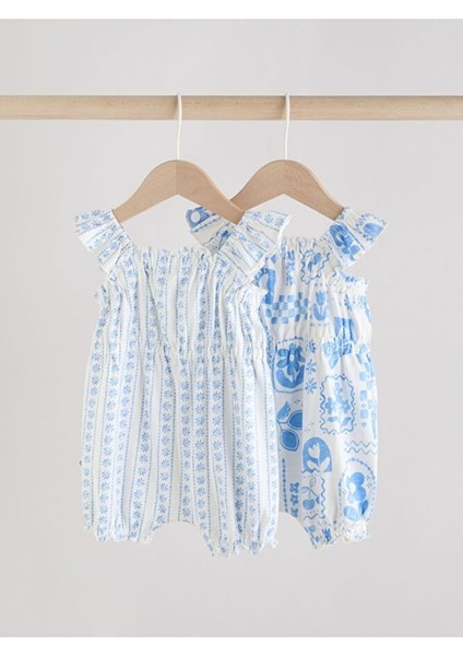 % 100 Pamuklu Mavi Çiçek Desenli Askılı 2'li Romper Set fiyatları