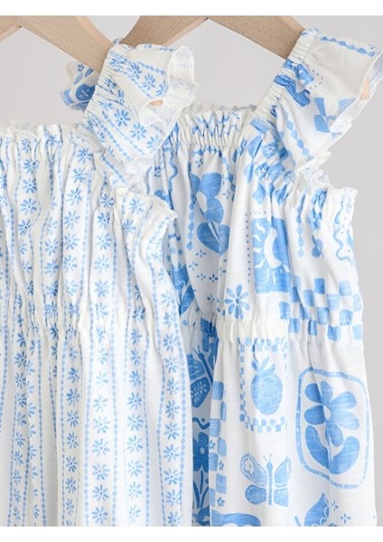 % 100 Pamuklu Mavi Çiçek Desenli Askılı 2'li Romper Set modelleri