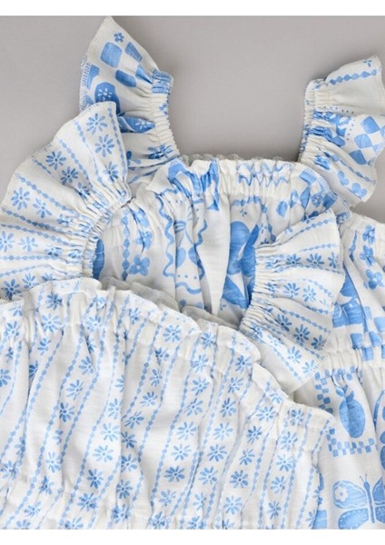 % 100 Pamuklu Mavi Çiçek Desenli Askılı 2'li Romper Set fırsatları