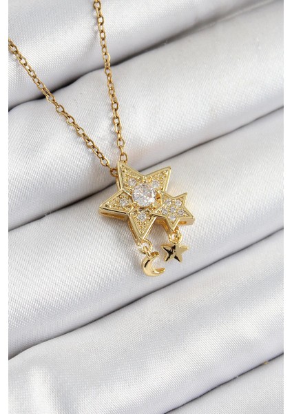 316L Çelik Zirkon Taşlı Sallantılı Yıldız Model Gold Renk Kadın Kolye - PRT3500EB07642