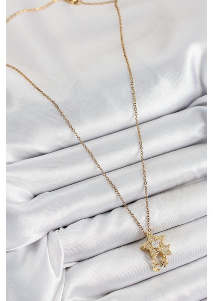 316L Çelik Zirkon Taşlı Sallantılı Yıldız Model Gold Renk Kadın Kolye - PRT3500EB07642 fiyatları