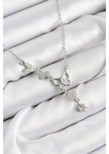 316L Çelik Zirkon Taşlı Kelebek Model Gümüş Renk Kadın Kolye - PRT3500EB08044