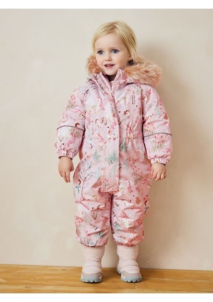 Pembe Unicorn Desenli Tam Polar Astarlı Kapüşonlu Suya Dayanıklı Astronot Tulum