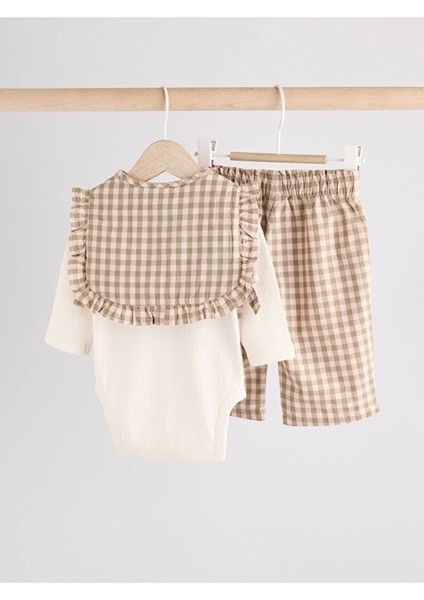 Pamuklu Yeşil Gingham Uzun Kollu Yelekli Alt Üst 3'lü Takım fiyatları