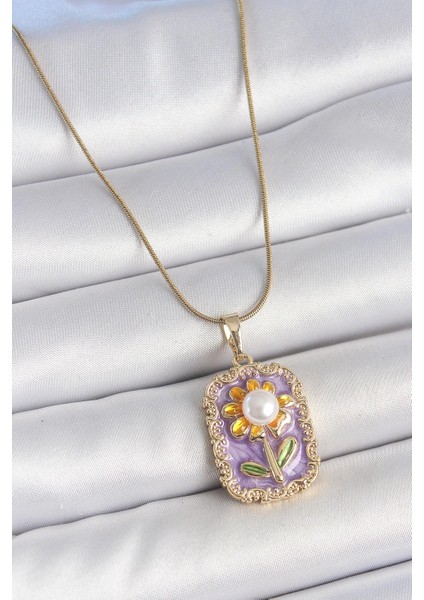 316L Çelik Gold Renk Zincir Mor Mineli Incili Papatya Işlemeli Portre Model Kadın Kolye - PRT3500EB05852