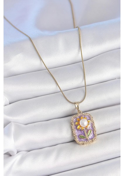 316L Çelik Gold Renk Zincir Mor Mineli Incili Papatya Işlemeli Portre Model Kadın Kolye - PRT3500EB05852 fiyatları