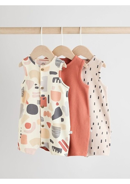 %100 Pamuklu Krem Kiremit Baskılı 3'lü Romper Set