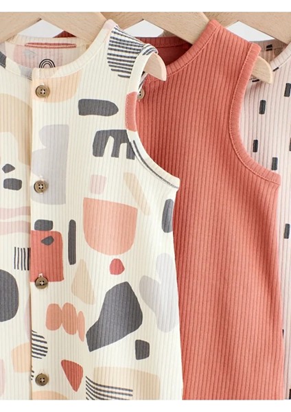 %100 Pamuklu Krem Kiremit Baskılı 3'lü Romper Set modelleri