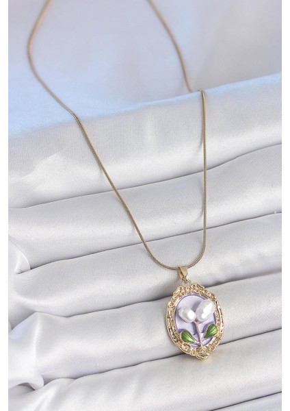 316L Çelik Gold Renk Mor Incili Çiçek Işlemeli Portre Model Kadın Kolye - PRT3500EB05800 fiyatları