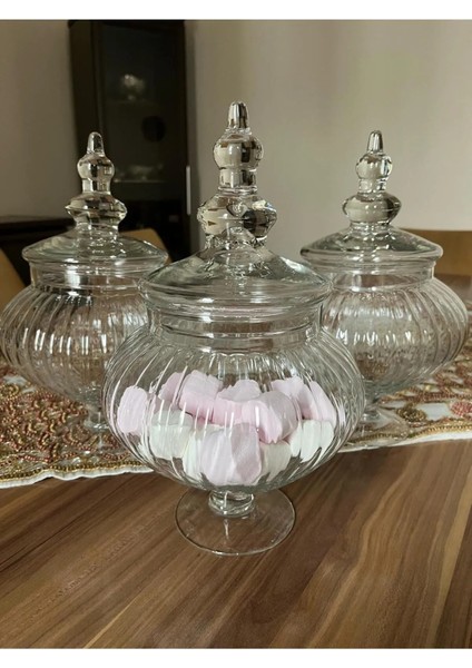 3 Adet Büyük Ayaklı Cam Kapaklı Kurabiyelik ve Şekerlik, 31 Cm, Beyaz