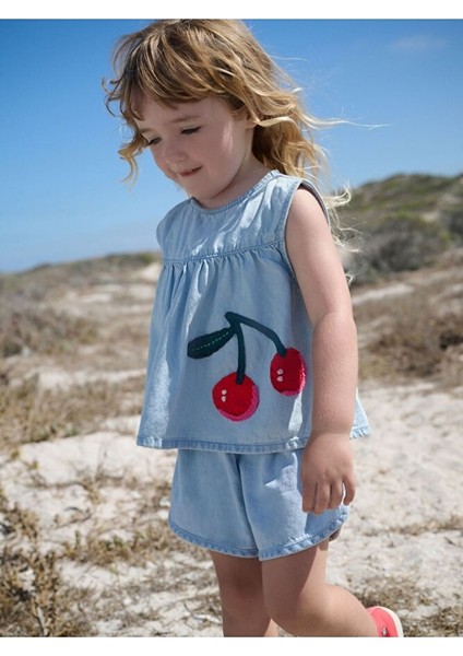 Pamuklu Denim Kiraz Aplikeli Kısa Kollu Alt Üst Takım