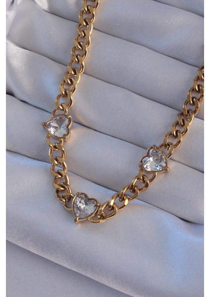 316L Çelik Gold Renk Zirkon Taşlı Kalp Model Zincir Kolye - PRT3500EB01884