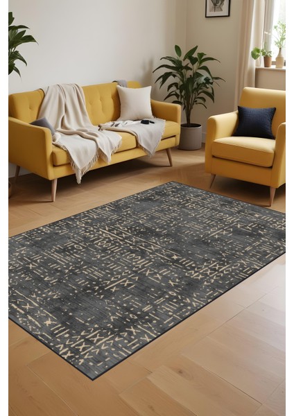 Dijital Baskı Kaymaz Taban Iskandinav Etnik Desen Antrasit Renk Salon Halısı Yolluk modelleri