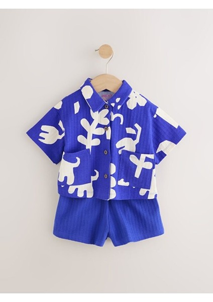 %100 Pamuklu Mavi Aniaml Desenli Kısa Kollu Müslin Alt Üst Takım