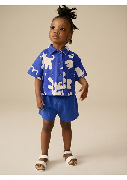 %100 Pamuklu Mavi Aniaml Desenli Kısa Kollu Müslin Alt Üst Takım fiyatları