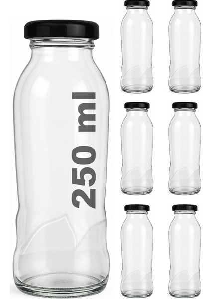 250 ml Dalga Desenli Şeffaf Meyve Suyu, Limonata Şişesi Metal Siyah Kapaklı 250 cc Boş Cam Şişe 6 Adet