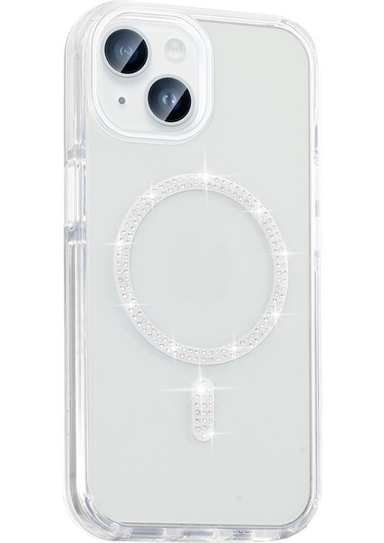 Apple iPhone 14 Kılıf Taşlı Tasarım M-Safe Şarj Özellikli Koment Silikon Kapak - Gümüş indirimleri