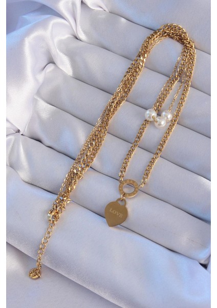 316L Çelik Gold Renk Çift Zincir Inci Detayı Love Kalp Kolye - PRT3500EB01877 fiyatları