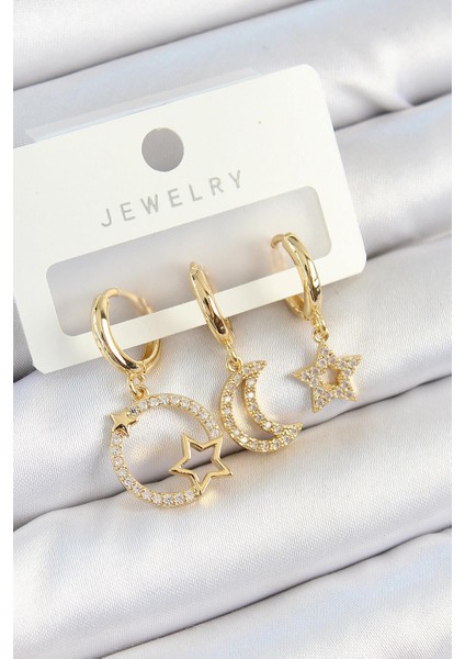 Pirinç Zirkon Taşlı Yıldız ve Ay Model Gold Renk 3lü Çift Kadın Küpe Set - PRT3500EB07302