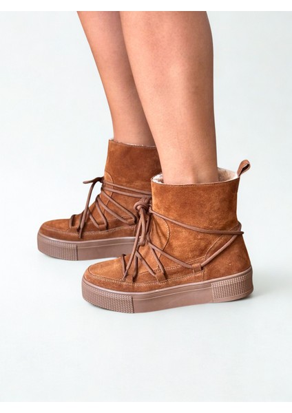 Taba Süet Hakiki Deri Içi Peluş Astarlı Kadın Bağcıklı Bot