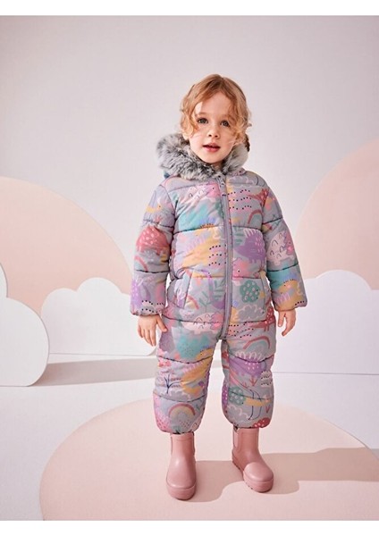 Lila Dinozor Desenli Tam Polar Astarlı Kapüşonlu Suya Dayanıklı Astronot Tulum