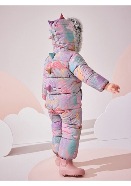 Lila Dinozor Desenli Tam Polar Astarlı Kapüşonlu Suya Dayanıklı Astronot Tulum fiyatları