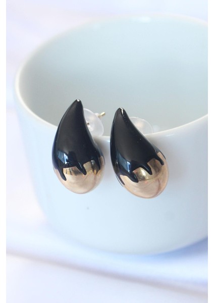 Minimal Siyah Mineli Çift Renk Damla Küpe - PRT3500EB01226