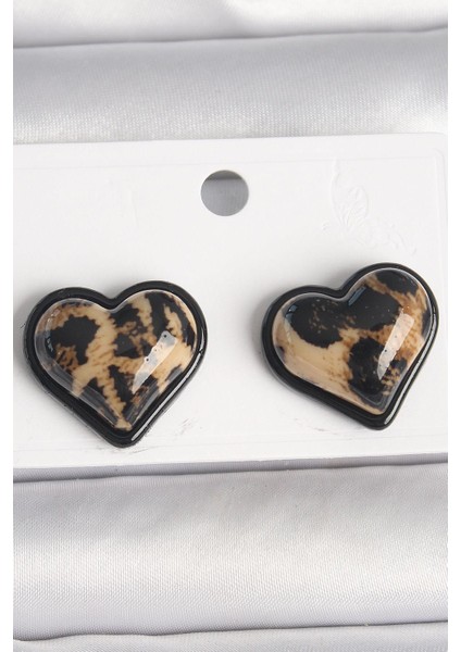 Pirinç Siyah Renk Leopar Desen 3D Kalp Model Kadın Küpe - PRT3500EB04243