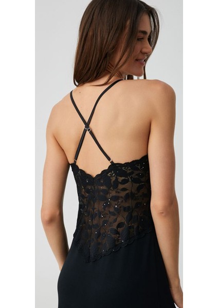 Viskon Sabahlıklı Dantelli Taş Detaylı Uzun Gecelik Takım Siyah 9916 modelleri