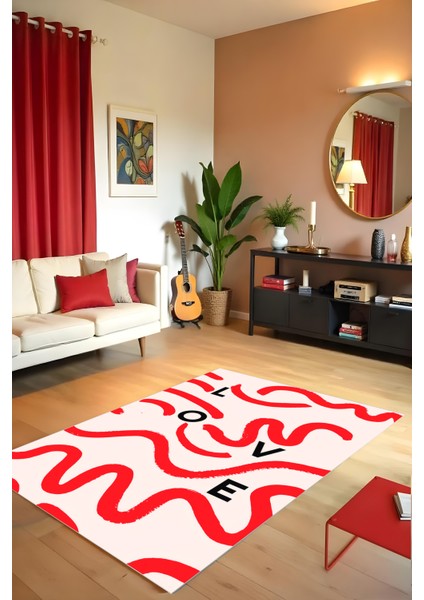 Dijital Baskı Kırmızı Şeritli Love Kaymaz Taban Leke Tutmaz Makinada Yıkanabilir Salon Halısı