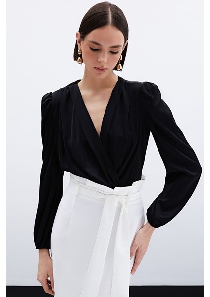 Kruvaze Saten Bodysuit - Siyah fiyatları