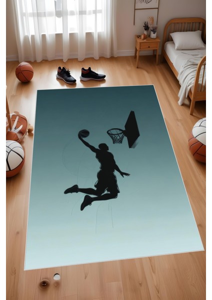 Dijital Baskı Turkuaz Beyaz Basketbol Temalı Makinada Yıkanabilir Genç Odası Salon ve Yolluk Halısı