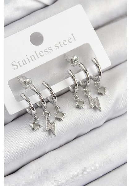 Pirinç Zirkon Taşlı Şimşek Model Gümüş Renk Kadın Küpe - PRT3500EB08280