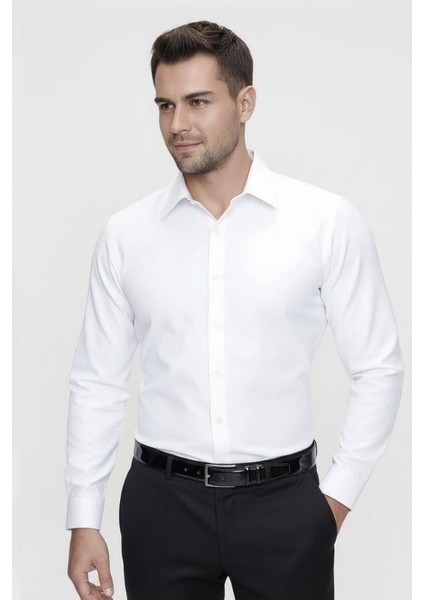 Slim Fit Pamuk Saten Klasik Beyaz Gömlek Gk 624