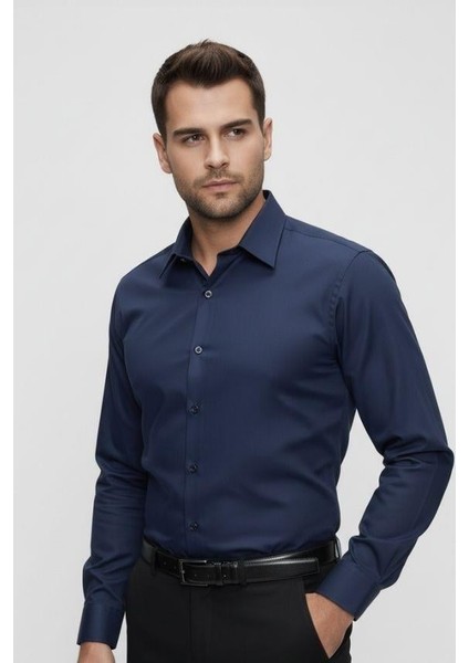 Slim Fit Pamuk Saten Klasik Lacivert Gömlek Gk 624 indirimleri