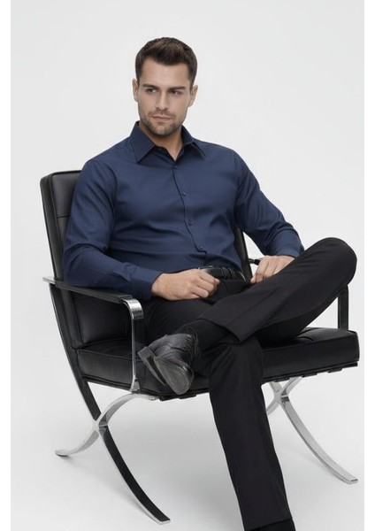 Slim Fit Pamuk Saten Klasik Lacivert Gömlek Gk 624