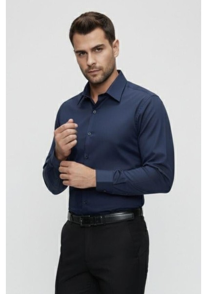 Slim Fit Pamuk Saten Klasik Lacivert Gömlek Gk 624