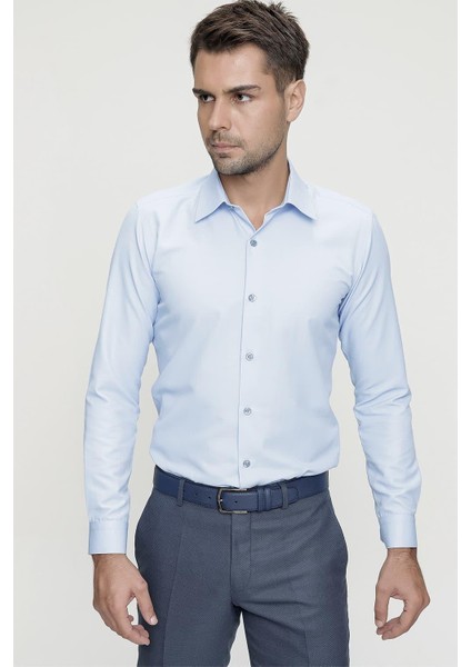 Slim Fit Pamuk Saten Klasik Mavi Gömlek Gk 624