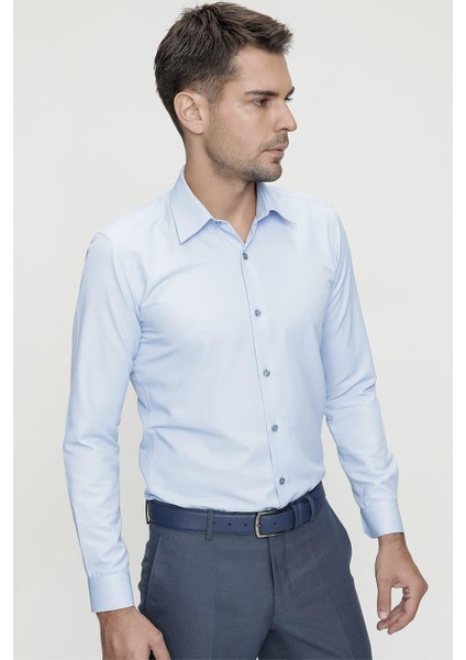 Slim Fit Pamuk Saten Klasik Mavi Gömlek Gk 624