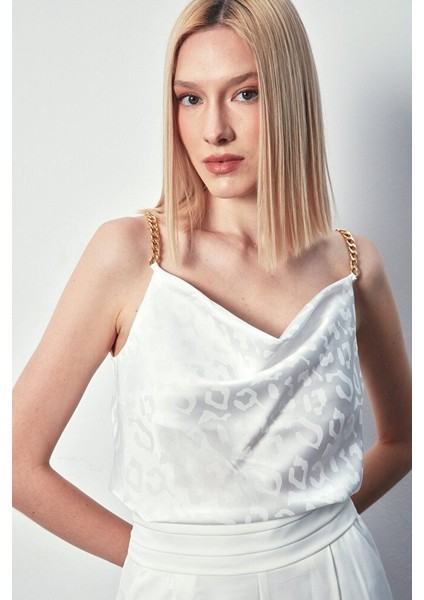 Zincir Askılı Saten Bluz - Ekru