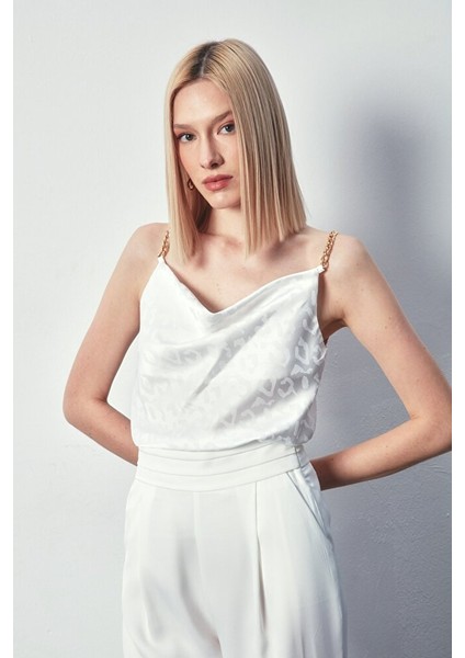 Zincir Askılı Saten Bluz - Ekru indirimleri