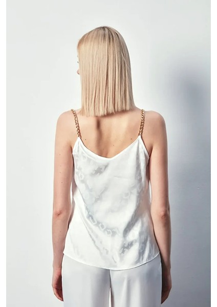 Zincir Askılı Saten Bluz - Ekru