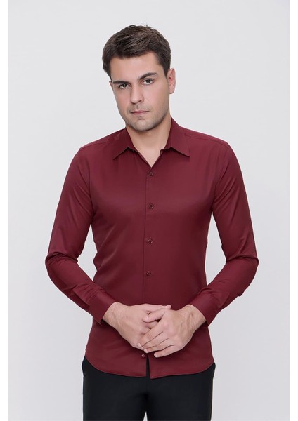 Slim Fit Pamuk Saten Klasik Bordo Gömlek Gk 624