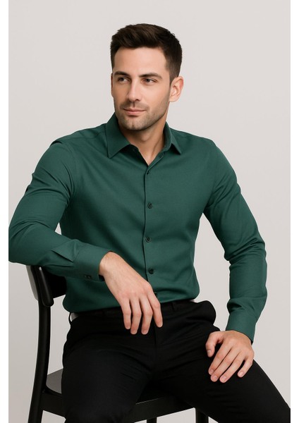 Slim Fit Pamuk Saten Klasik Yeşil Gömlek Gk 624