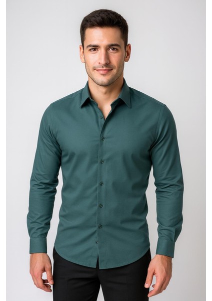 Slim Fit Pamuk Saten Klasik Yeşil Gömlek Gk 624