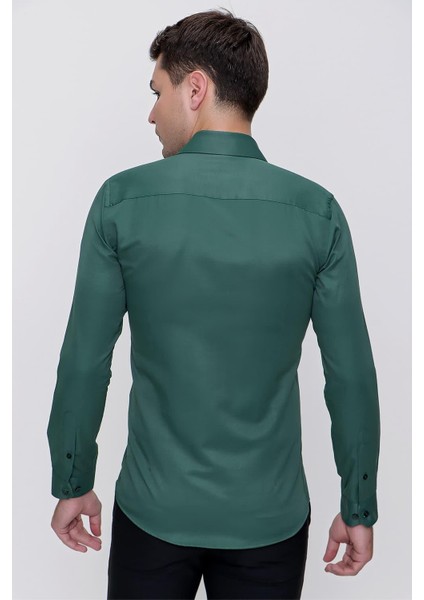 Slim Fit Pamuk Saten Klasik Yeşil Gömlek Gk 624