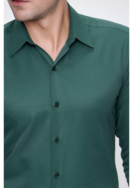Slim Fit Pamuk Saten Klasik Yeşil Gömlek Gk 624