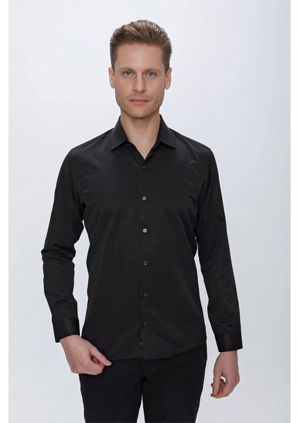 Slim Fit Pamuk Saten Klasik Siyah Gömlek Gk 624