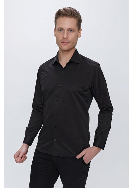 Slim Fit Pamuk Saten Klasik Siyah Gömlek Gk 624