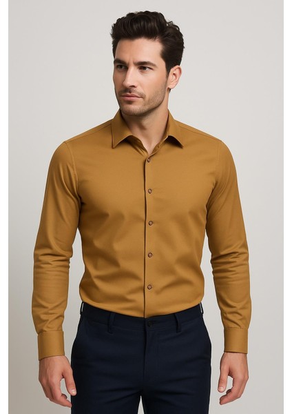 Slim Fit Pamuk Saten Klasik Taba Gömlek Gk 624 indirimleri